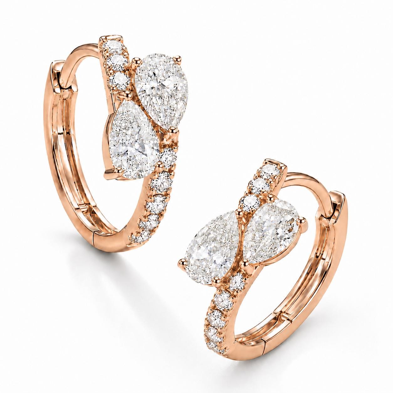 Pair of 18K rose gold pear cluster diamond huggie earrings