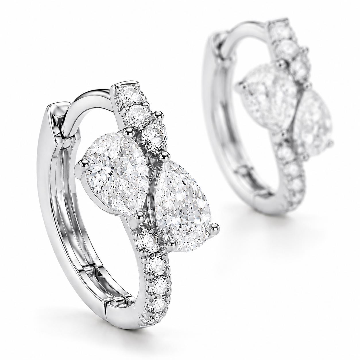 Angled pair of PT950 pear cluster lab diamond huggie earrings