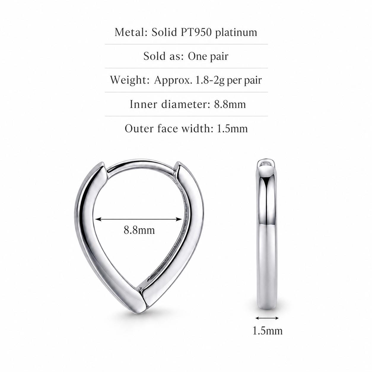 PT950 teardrop huggie earring size and weight guide