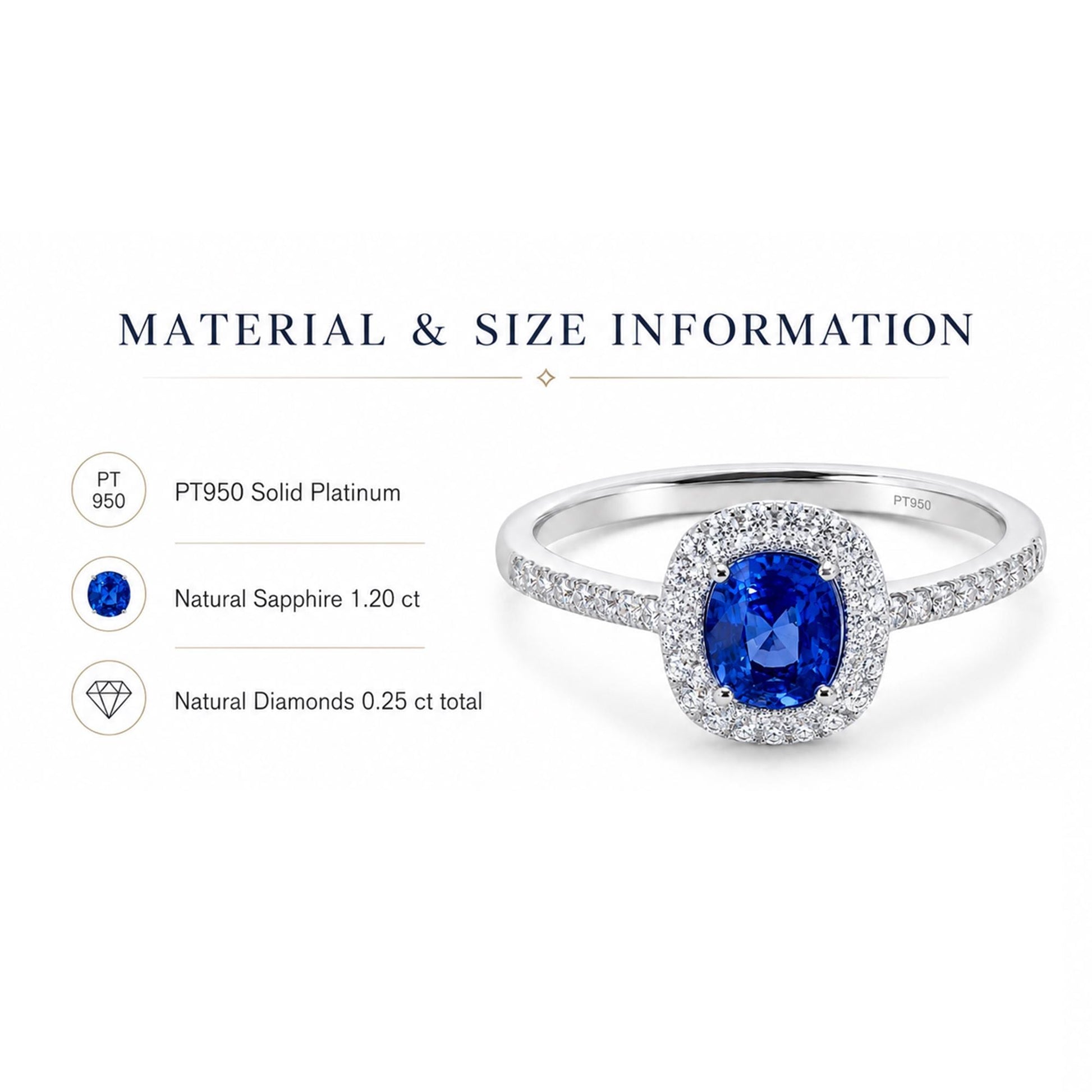 deep blue sapphire and diamond halo ring in PT950 platinum material and dimensions specification
