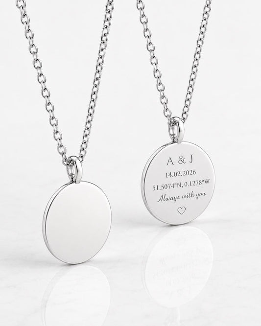Blank and personalised 15mm PT950 platinum disc pendant necklaces