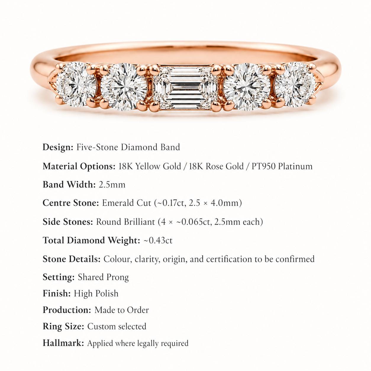 five-stone lab diamond band in PT950 platinum or 18K gold hallmark statement graphic