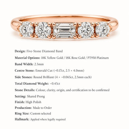 five-stone lab diamond band in PT950 platinum or 18K gold hallmark statement graphic