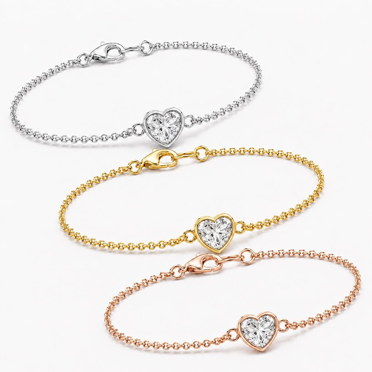 Platinum yellow gold and rose gold heart bracelet options