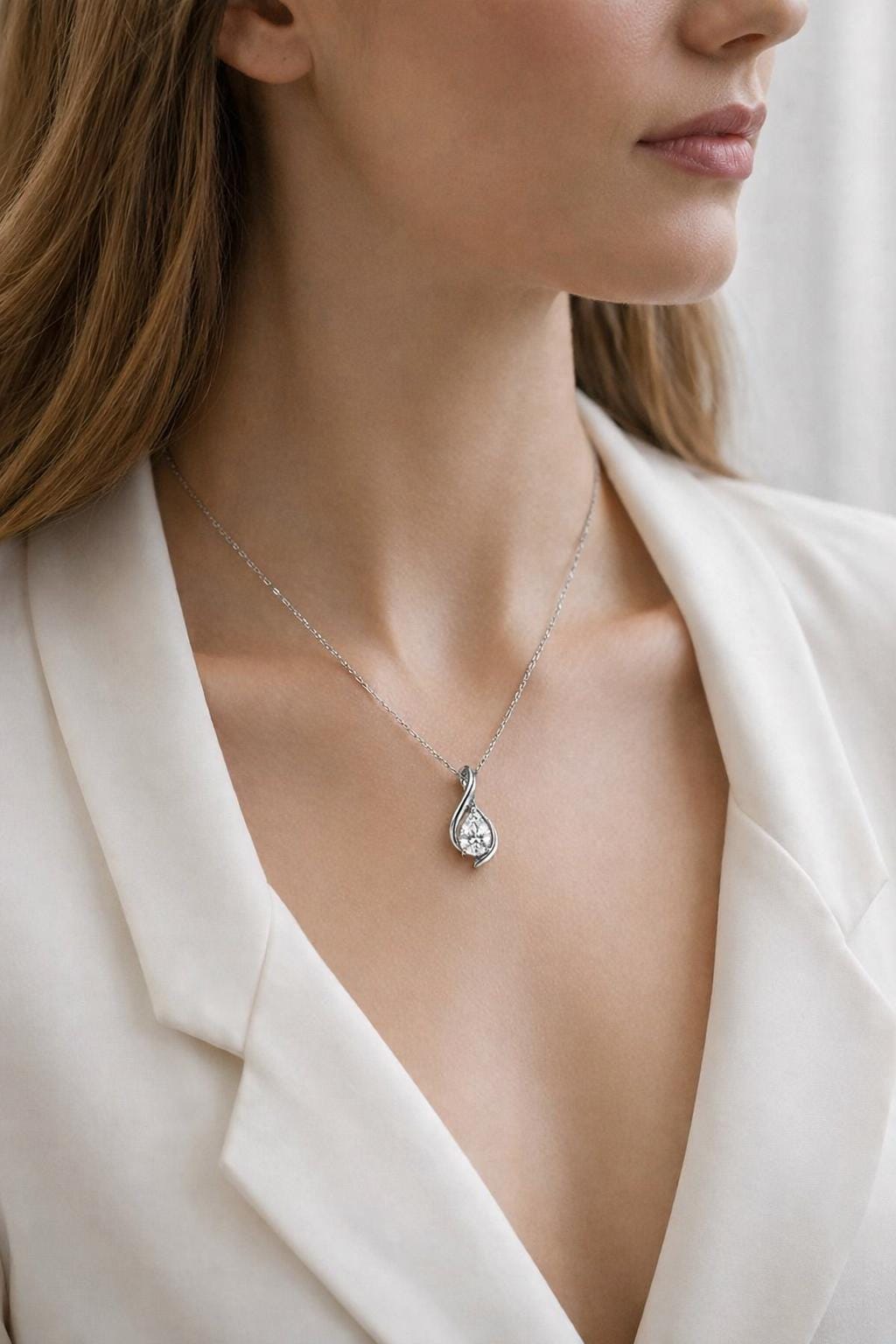 Woman wearing PT950 pear lab diamond twist necklace with white blazer
