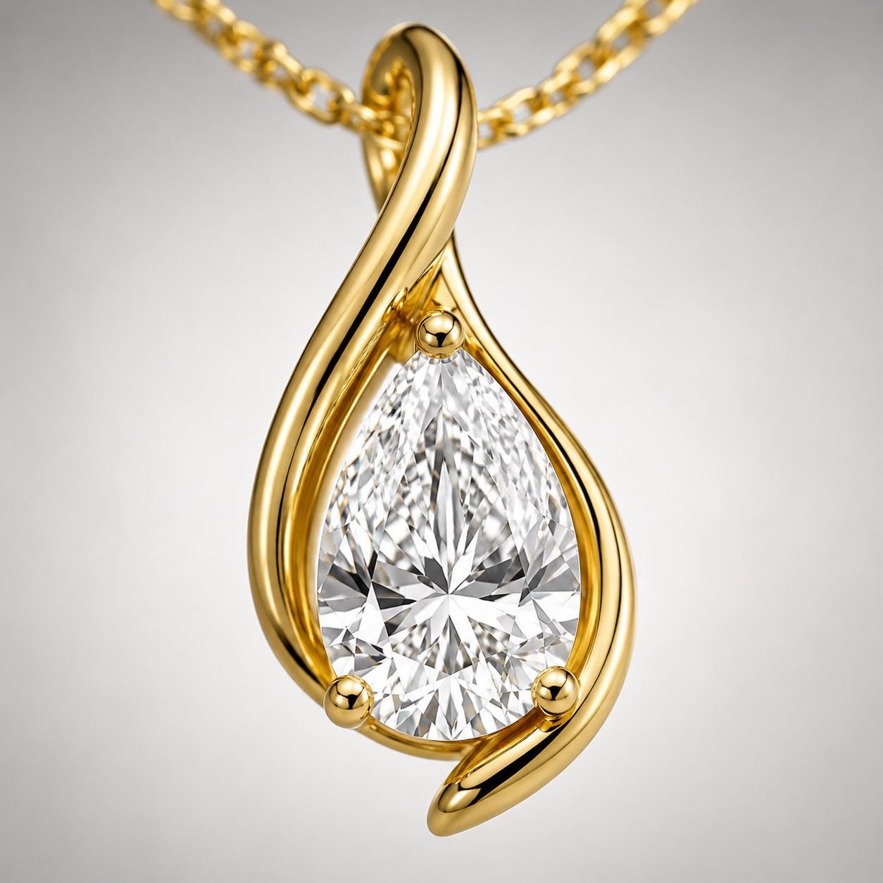 Macro detail of pear lab-grown diamond in yellow gold twist setting