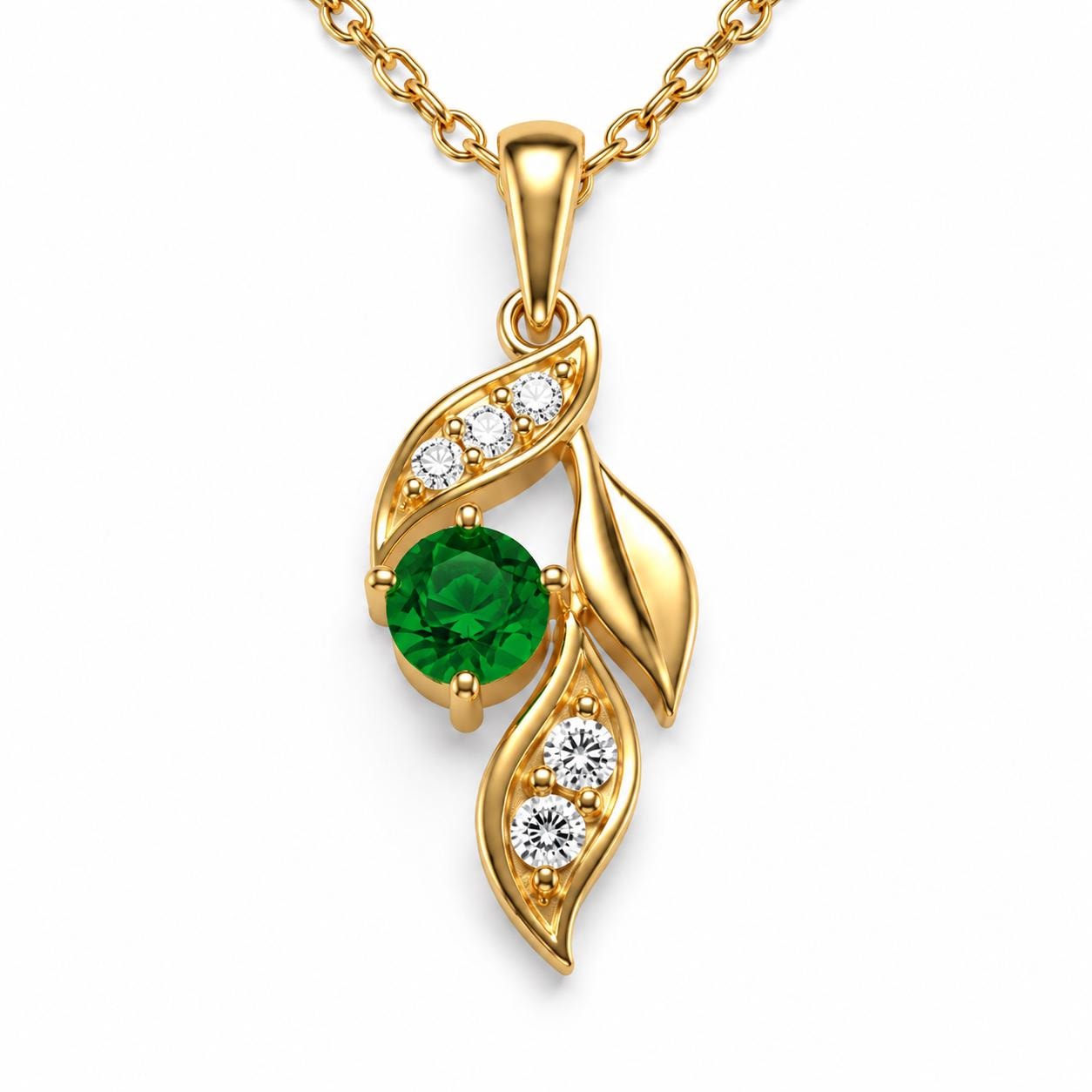Macro detail of round emerald and diamond accents in sculpted gold leaf