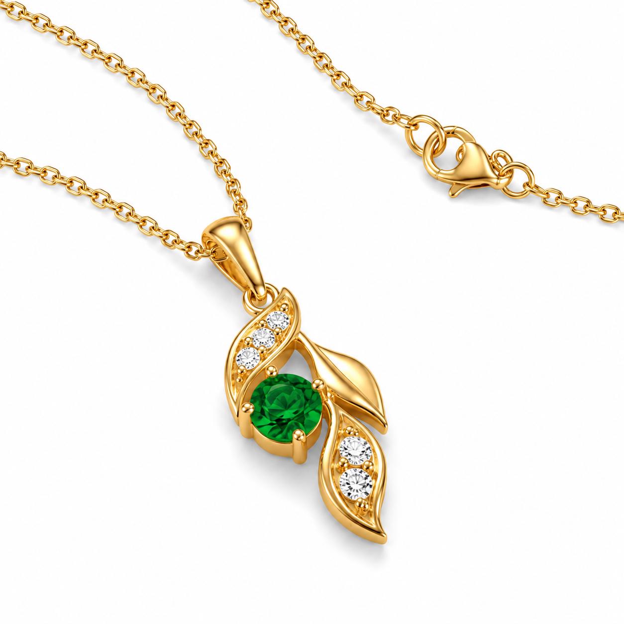 18K yellow gold emerald leaf necklace with diamond accents and clasp