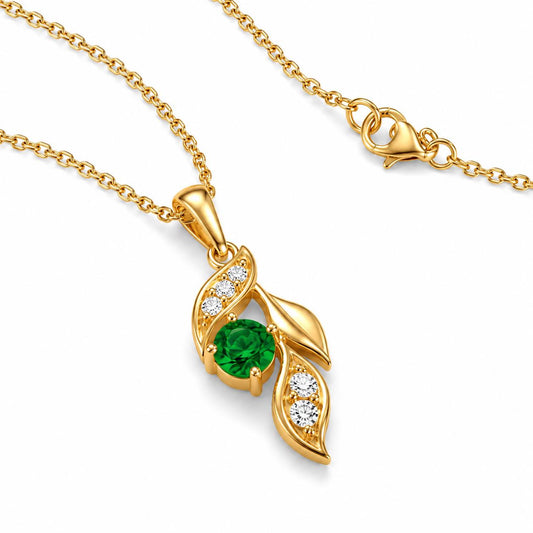 18K yellow gold emerald leaf necklace with diamond accents and clasp