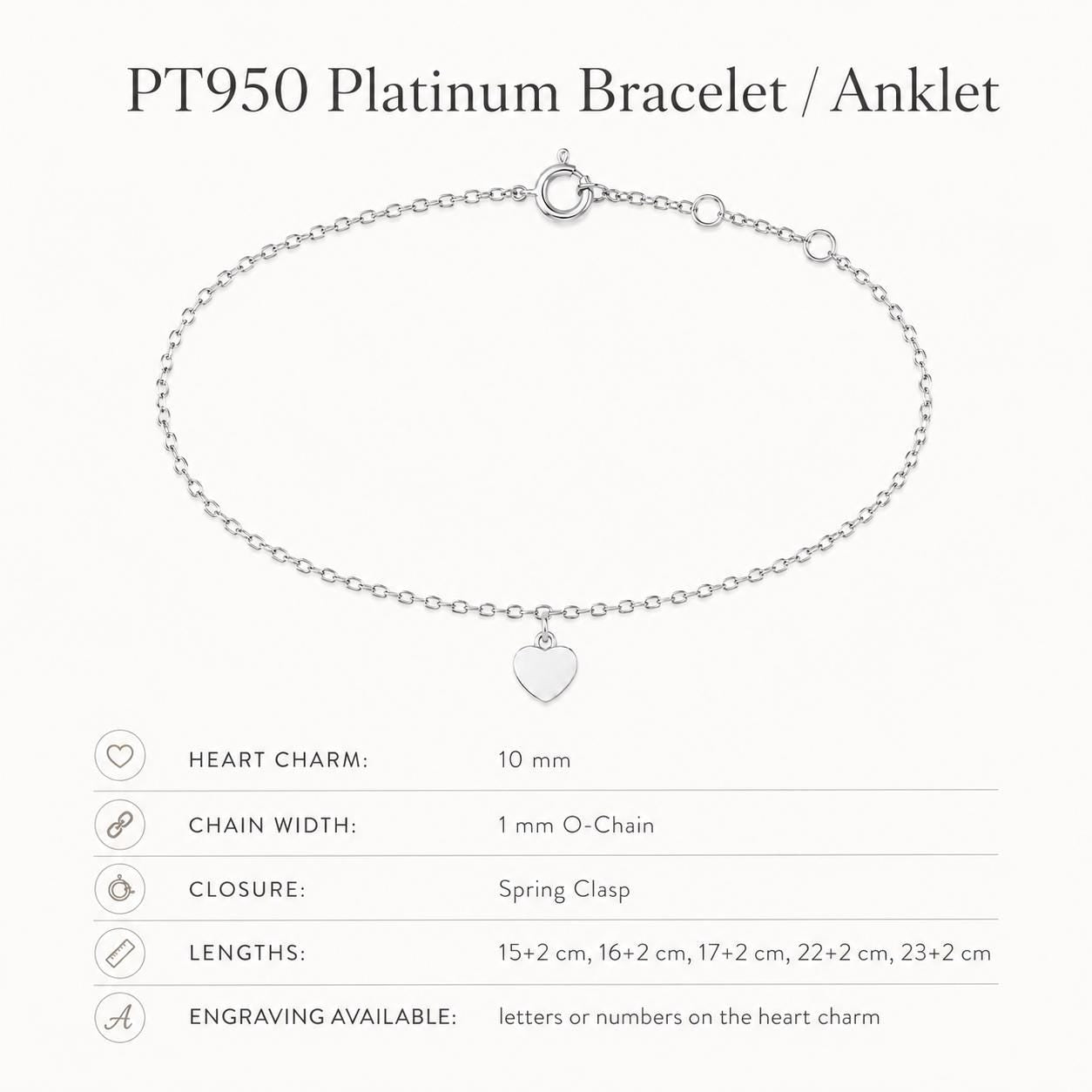 PT950 heart bracelet and anklet size guide