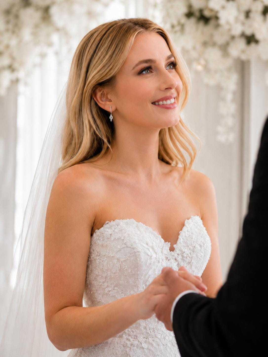 Bride wearing marquise lab diamond drop earrings