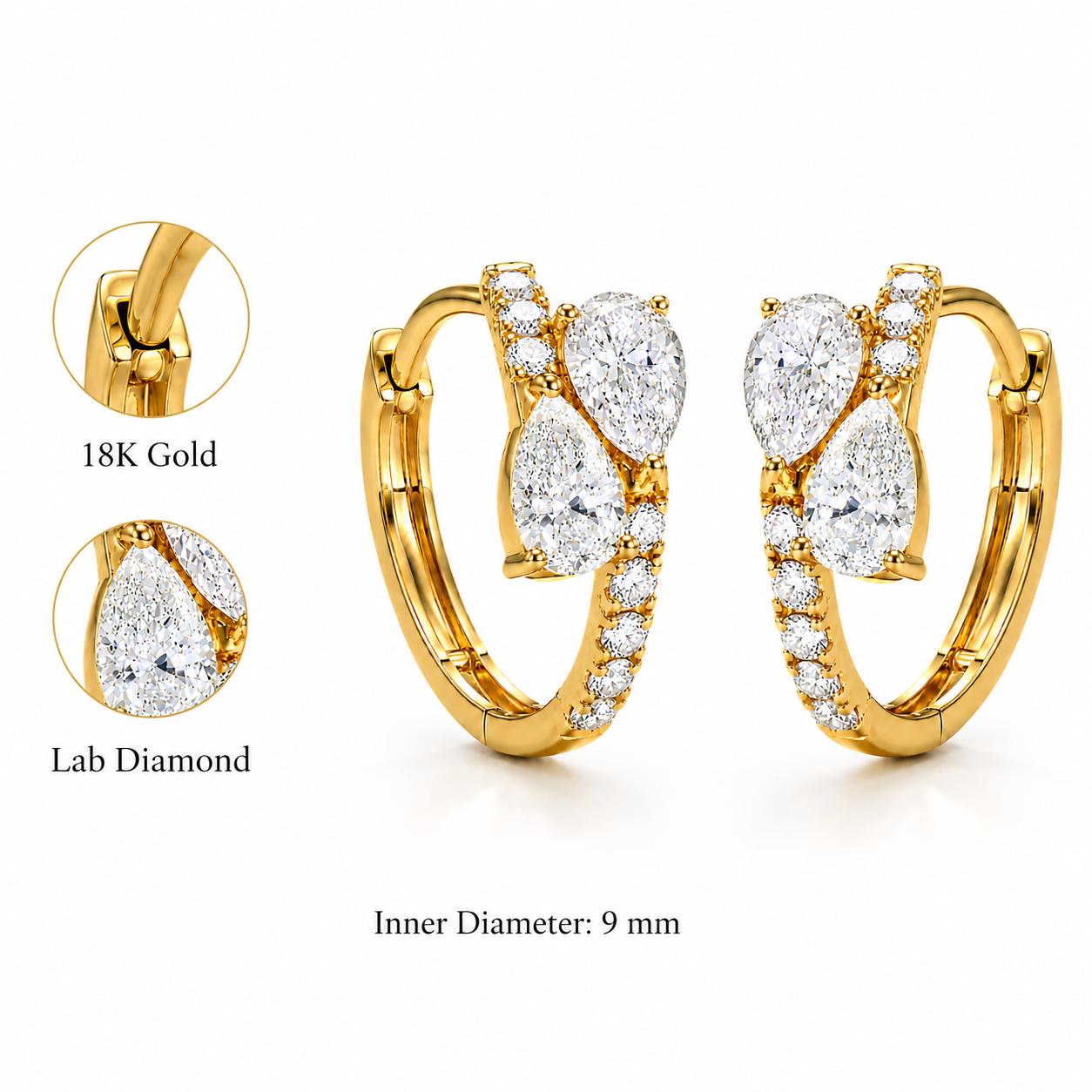 18K gold pear cluster lab diamond huggie size guide