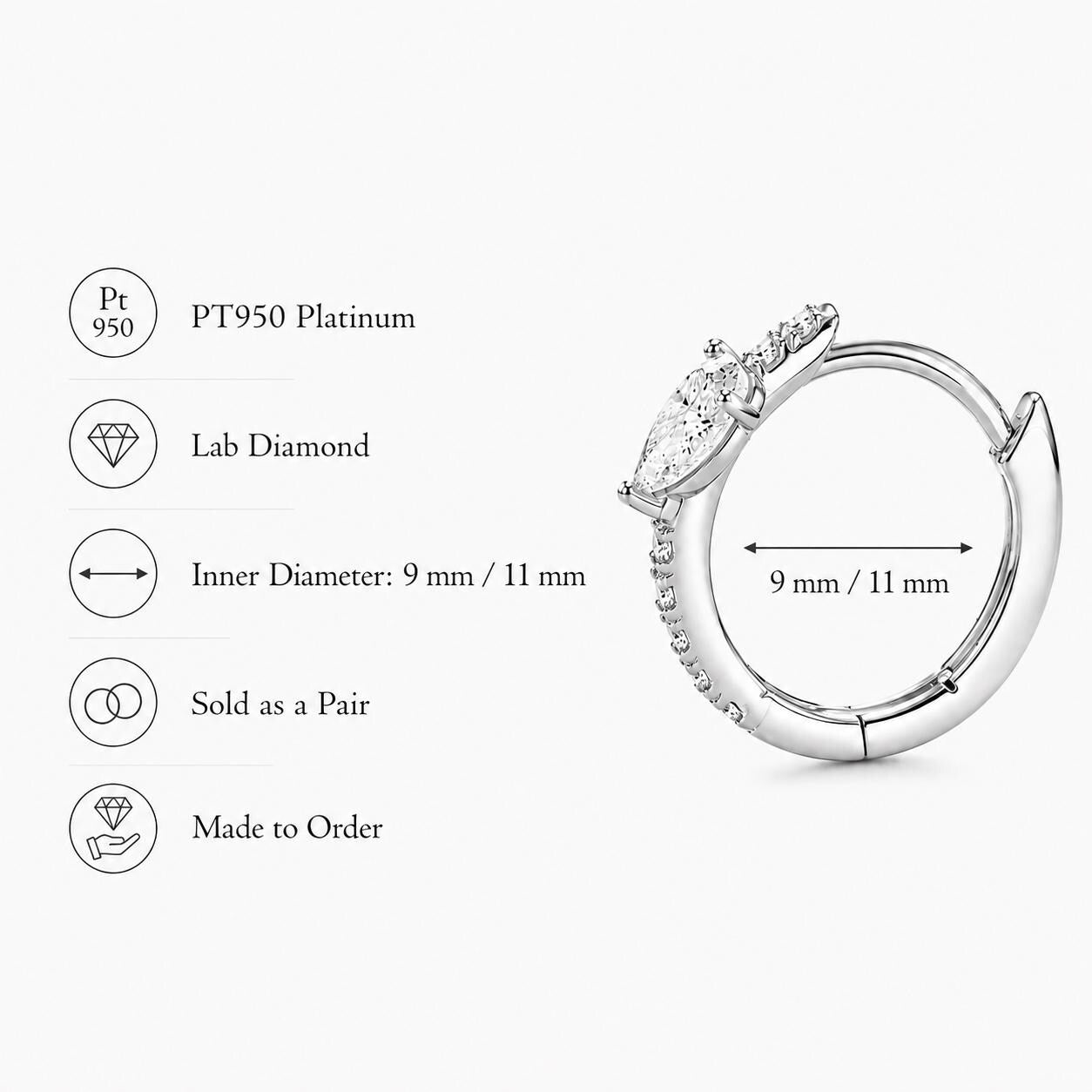 PT950 pear cluster huggie earring size guide