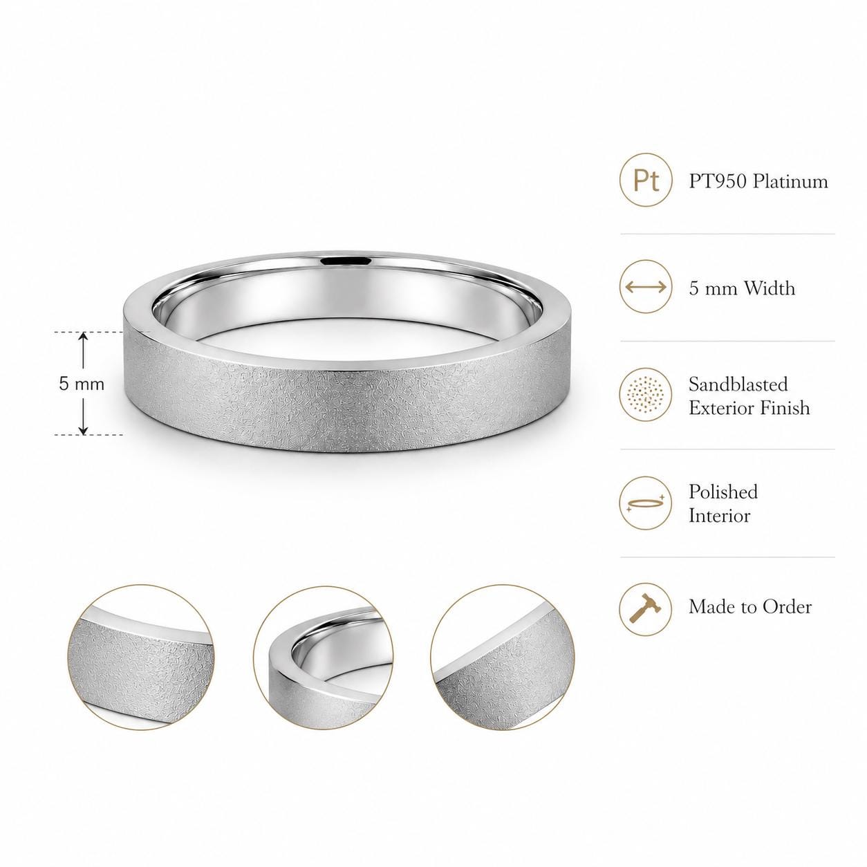 PT950 platinum sandblasted wedding band 5mm scale and proportion view