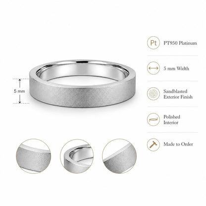 PT950 platinum sandblasted wedding band 5mm scale and proportion view