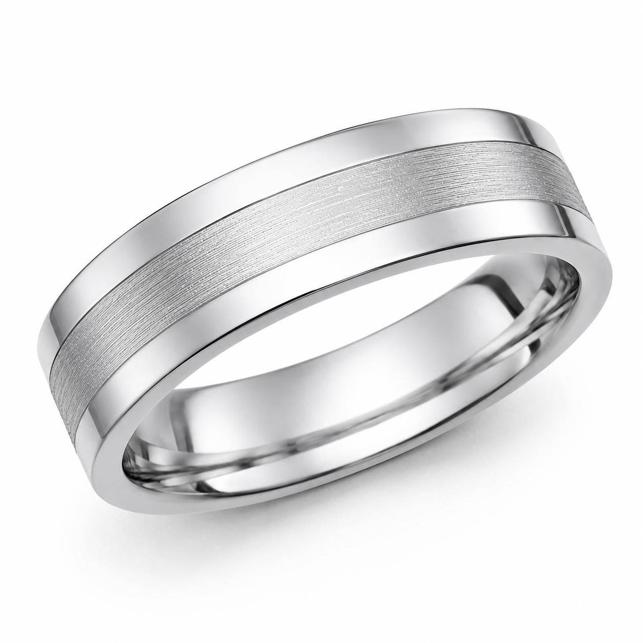 PT950 platinum brushed centre wedding band 6mm close-up detail