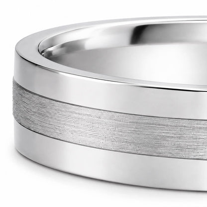 PT950 platinum brushed centre wedding band 6mm worn view