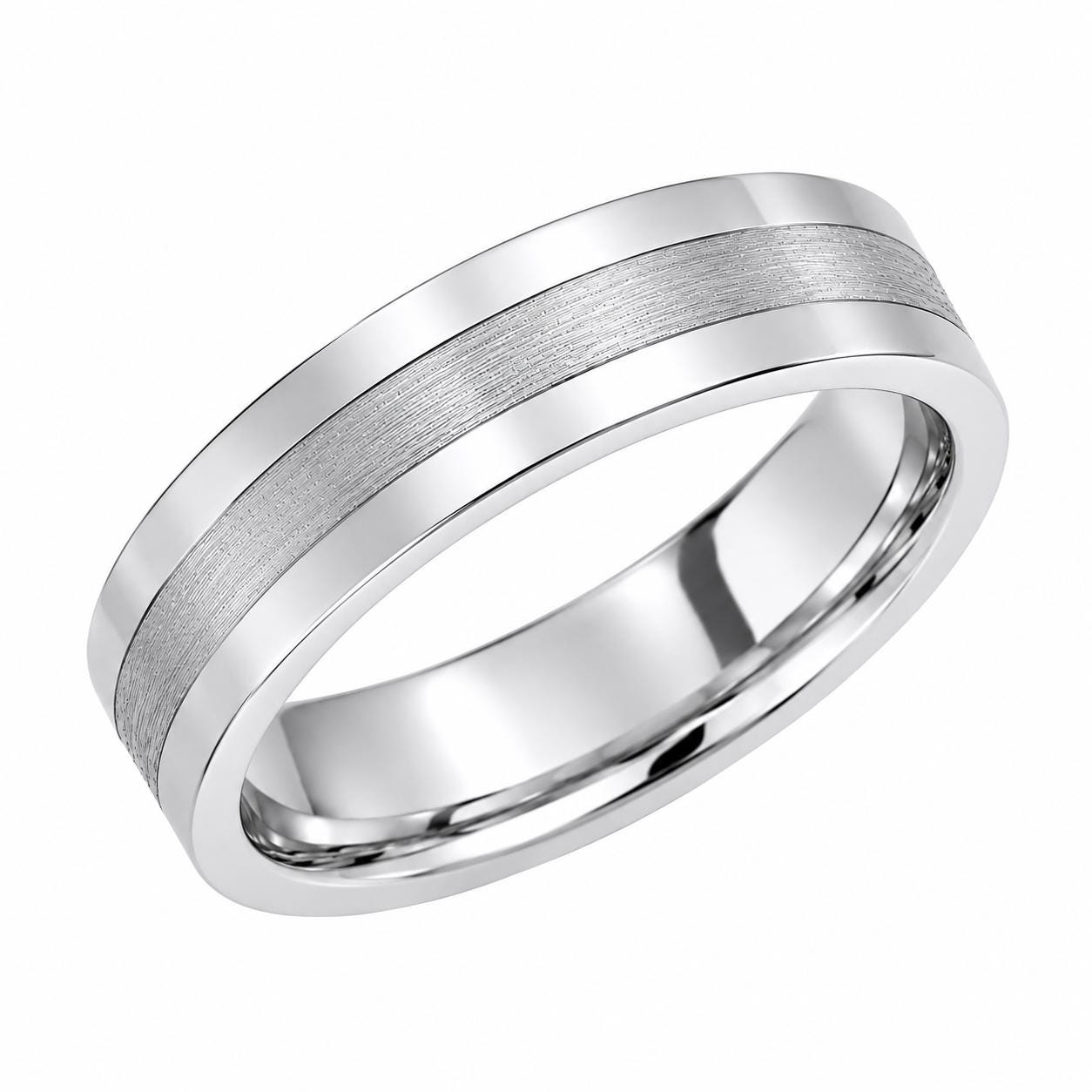 PT950 platinum brushed centre wedding band 6mm on-hand view