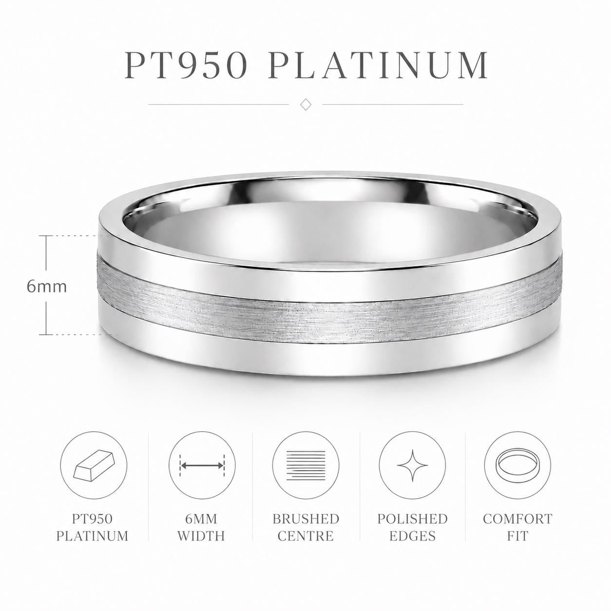 PT950 platinum brushed centre wedding band 6mm material and dimensions specification