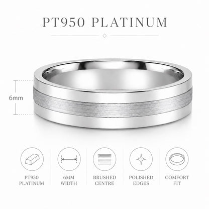 PT950 platinum brushed centre wedding band 6mm material and dimensions specification