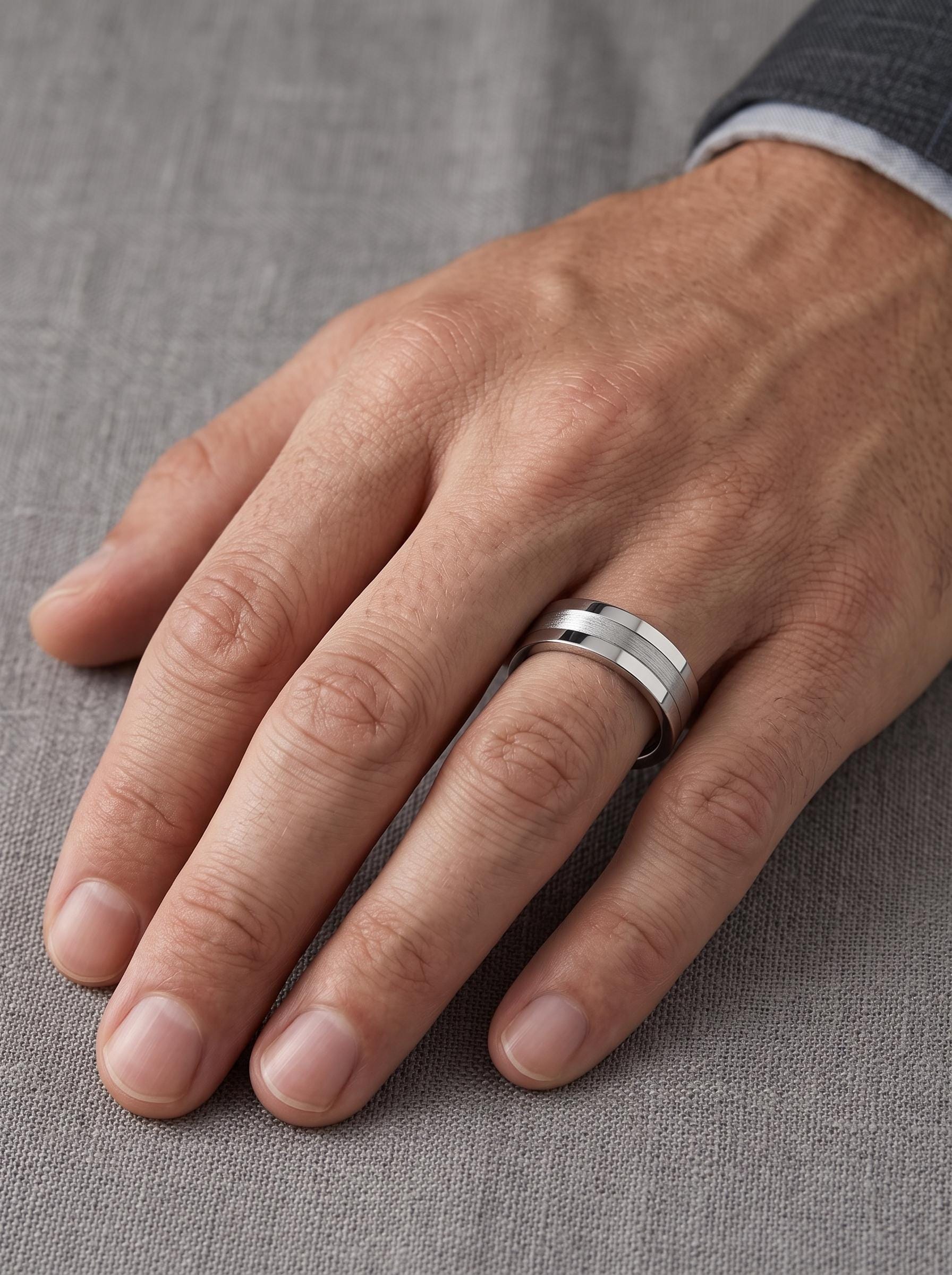 PT950 platinum brushed centre wedding band 6mm angled view