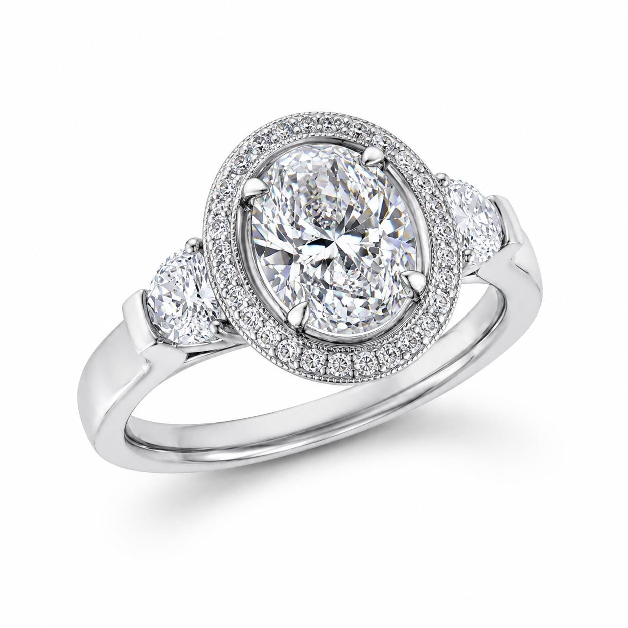 2.75ct oval lab diamond halo ring in PT950 platinum on-hand view