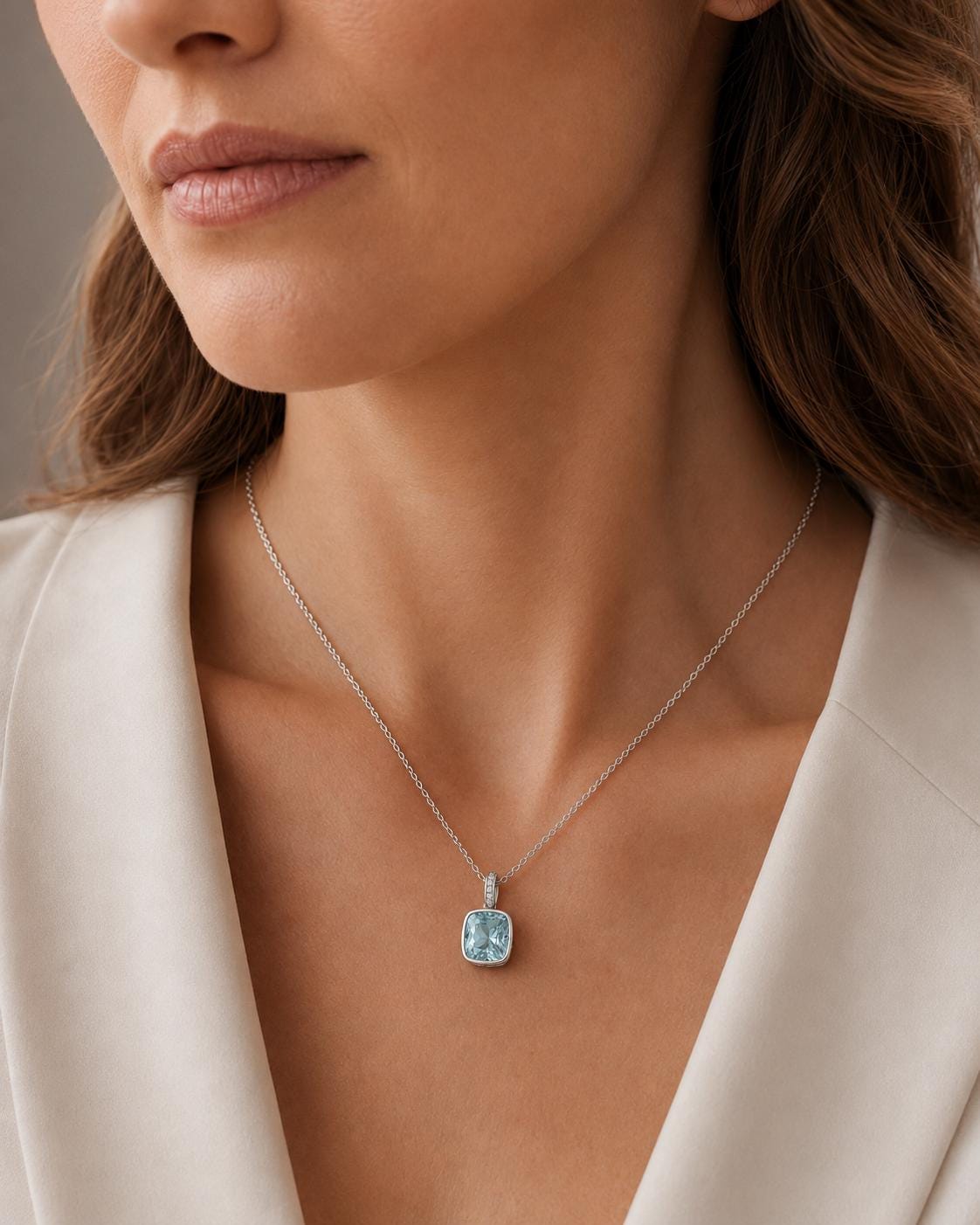 Woman wearing platinum blue topaz pendant necklace with cream blazer