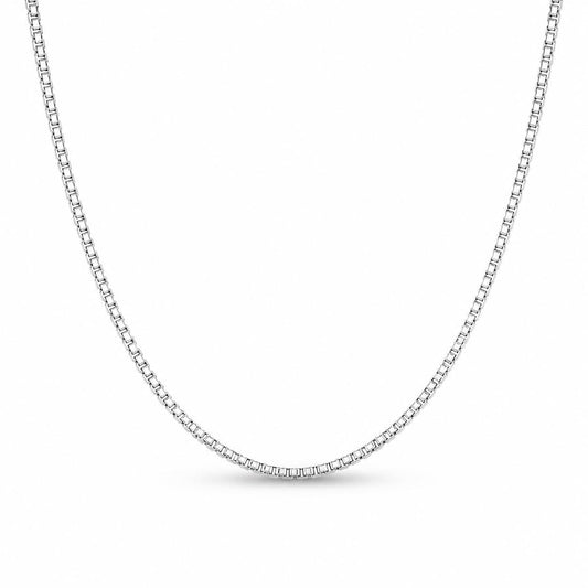 Solid platinum box chain necklace arranged in a soft front drape