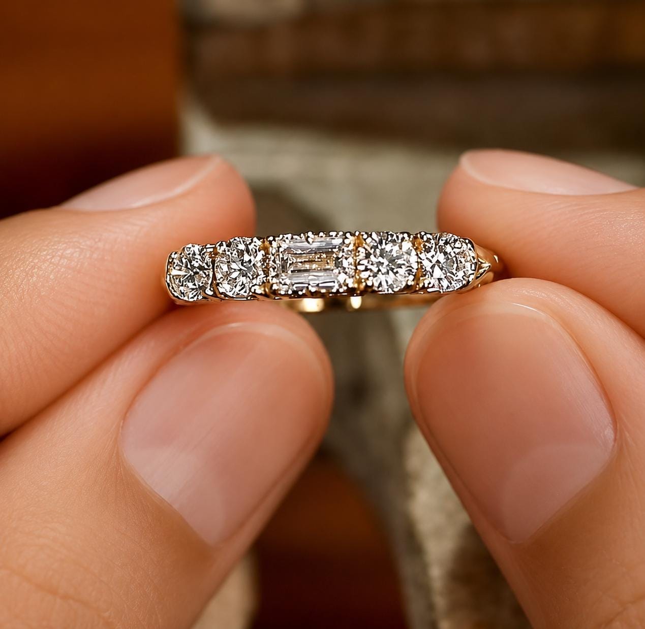 five-stone lab diamond band in PT950 platinum or 18K gold close-up detail