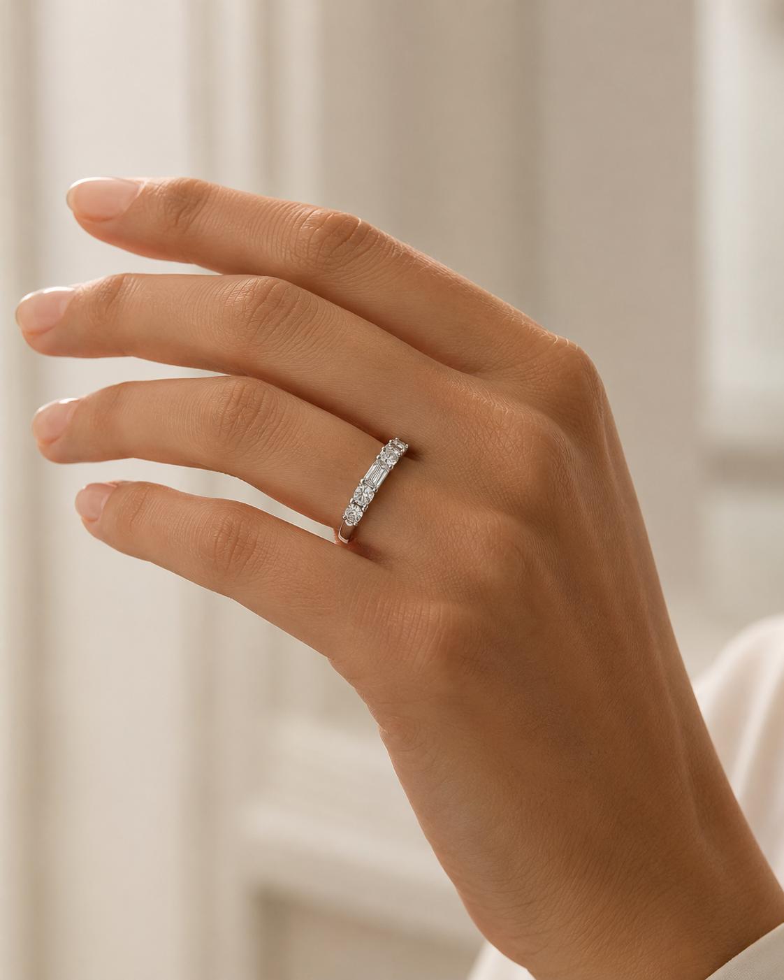 five-stone lab diamond band in PT950 platinum or 18K gold angled view