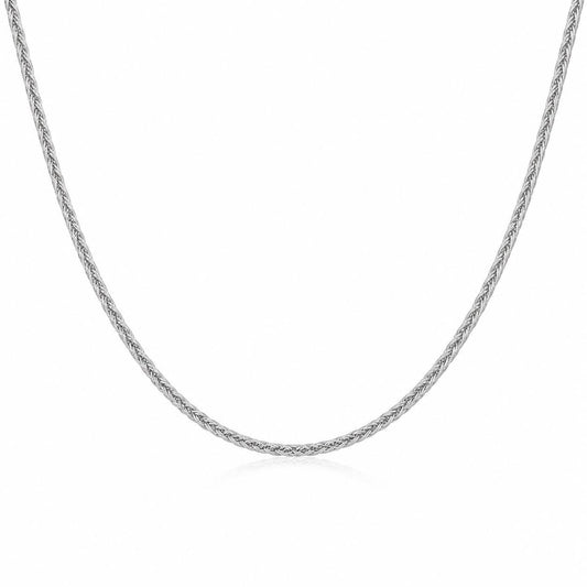 Platinum wheat chain necklace arranged in a flowing front drape