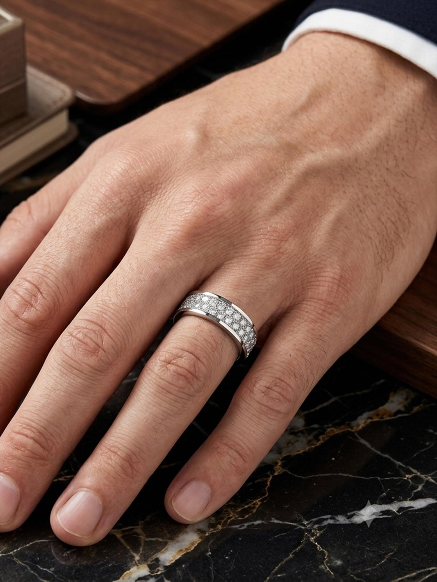 PT950 platinum full pave lab diamond wedding band 5mm worn view