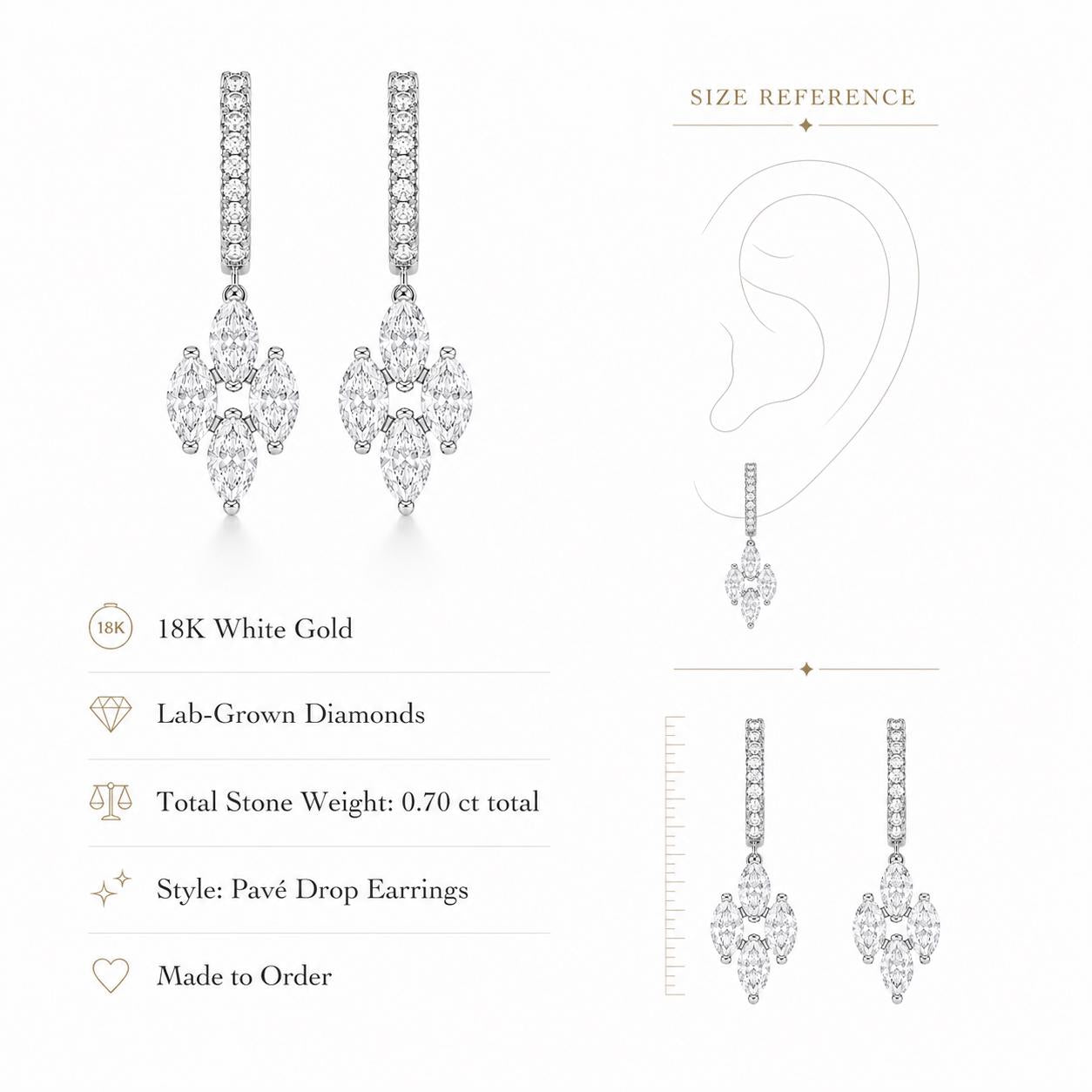 18K white gold lab diamond drop earring size guide