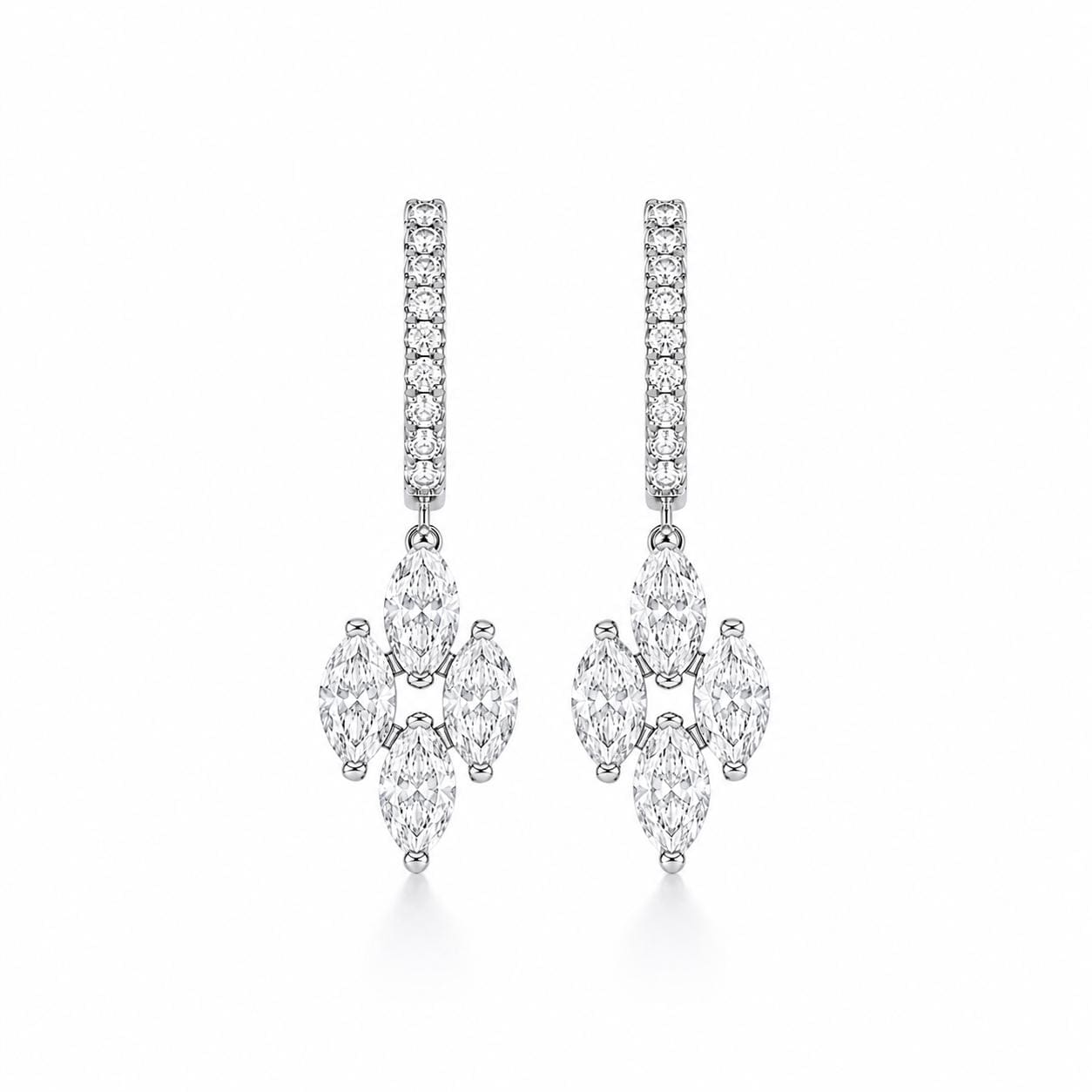 18K white gold marquise lab diamond post drop earrings on white