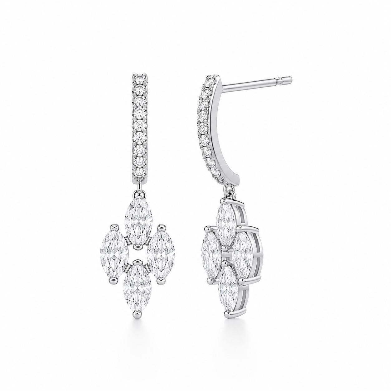Front and side views of marquise lab diamond post drop earrings