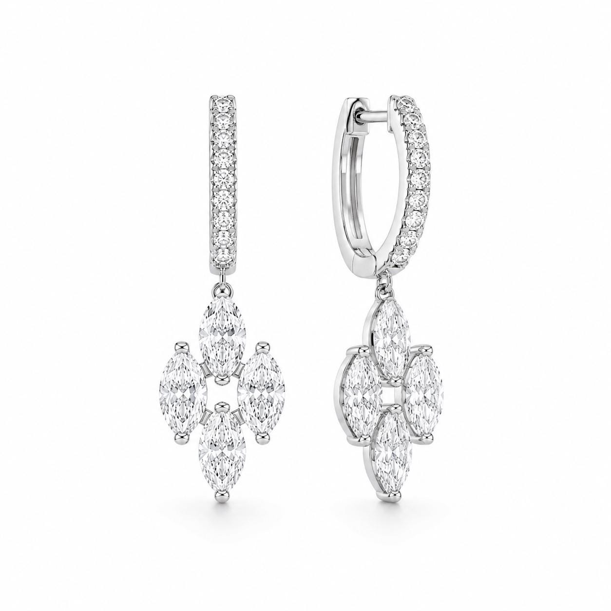 18K white gold marquise lab diamond huggie drop earrings