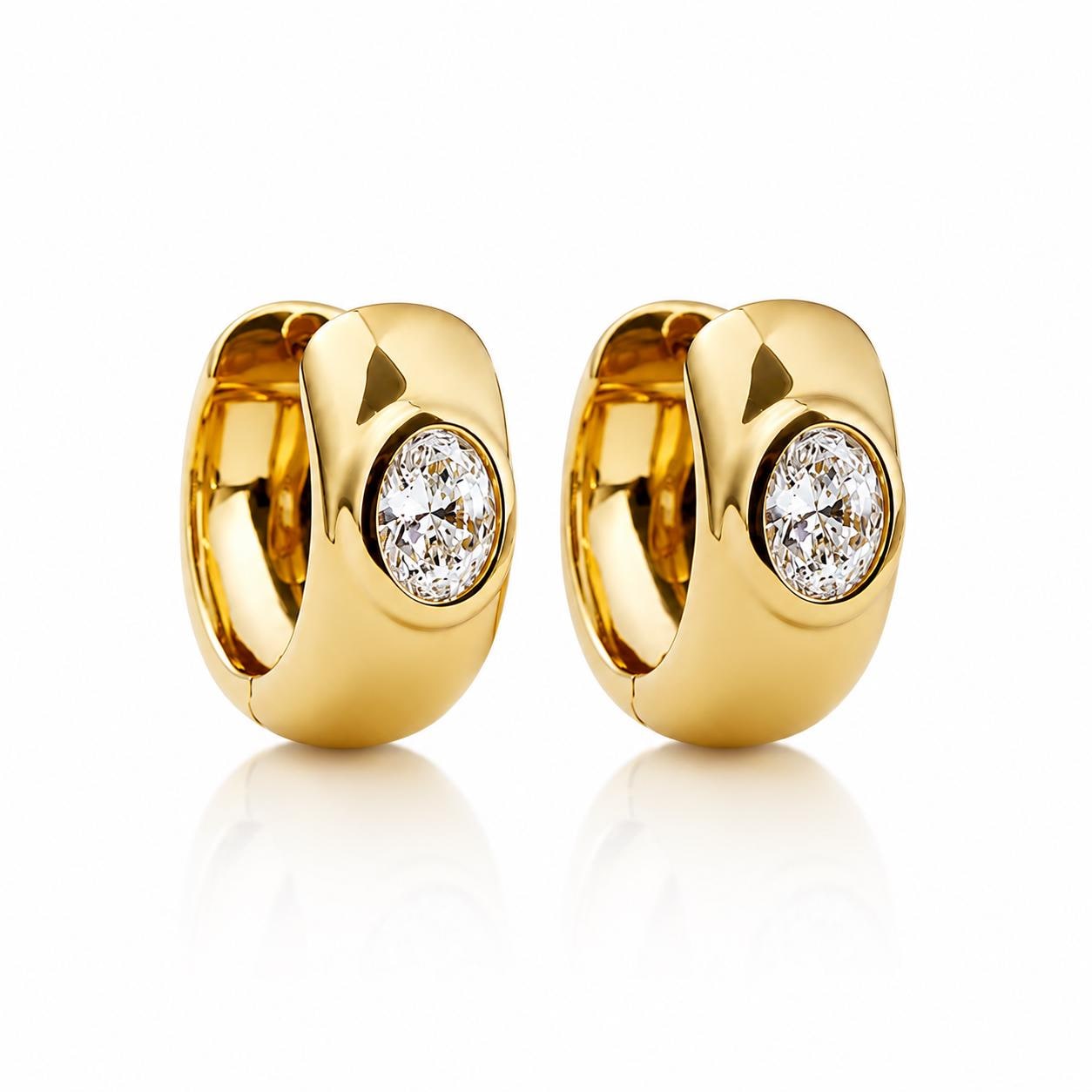 Pair of 18K yellow gold oval lab diamond huggie hoops