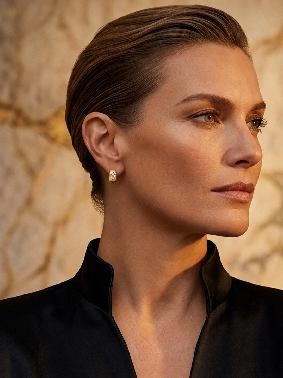Model wearing 18K gold oval lab diamond huggie earrings in profile