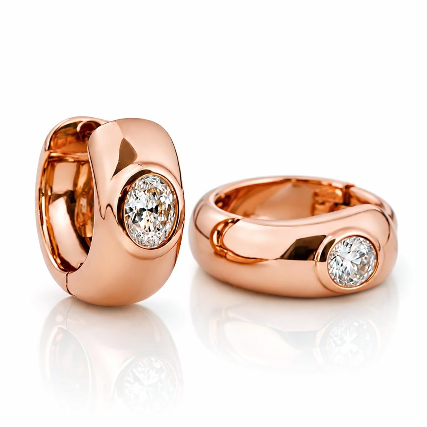Pair of 18K rose gold oval lab diamond huggie hoops
