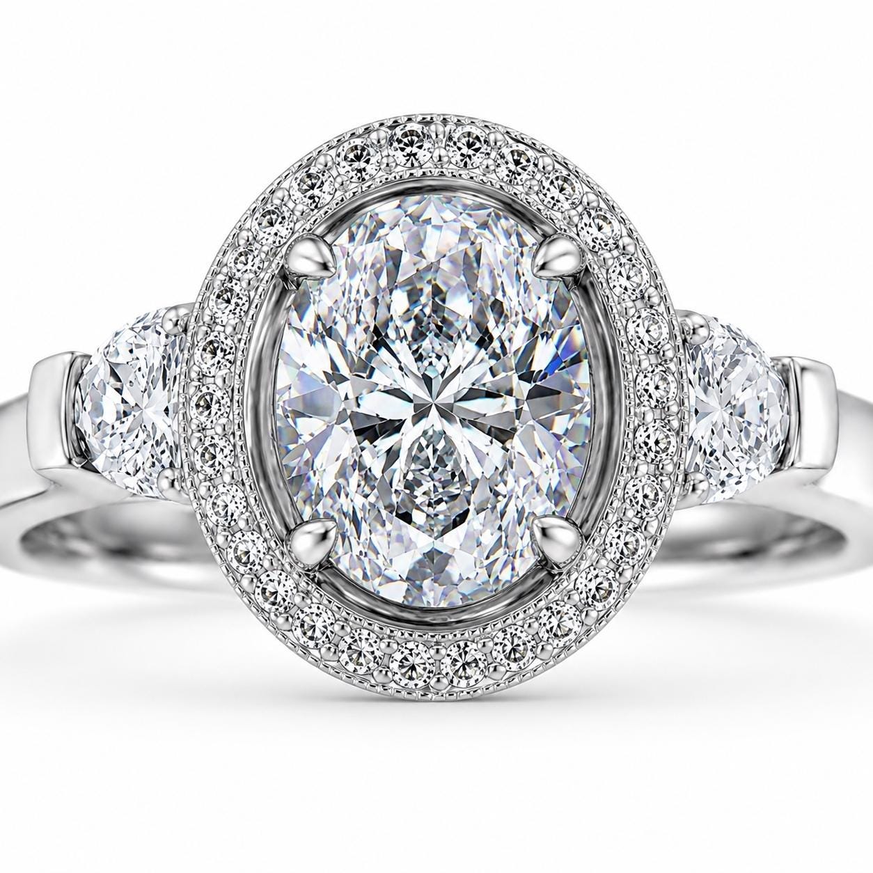 2.75ct oval lab diamond halo ring in PT950 platinum setting and finish detail