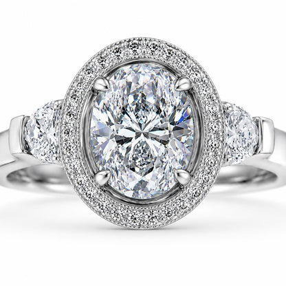2.75ct oval lab diamond halo ring in PT950 platinum setting and finish detail