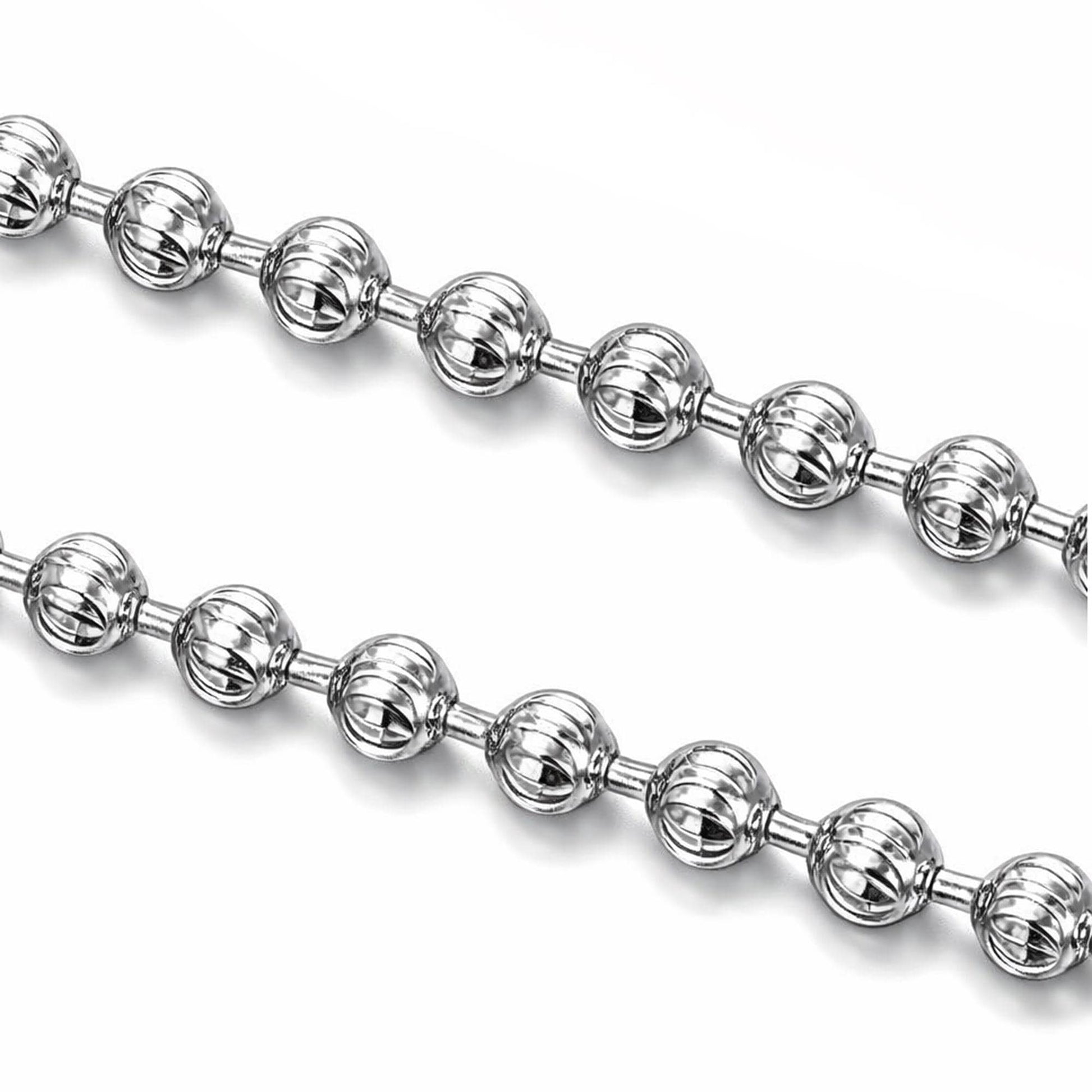 Macro detail of 1.5mm diamond-cut platinum beads with faceted surfaces