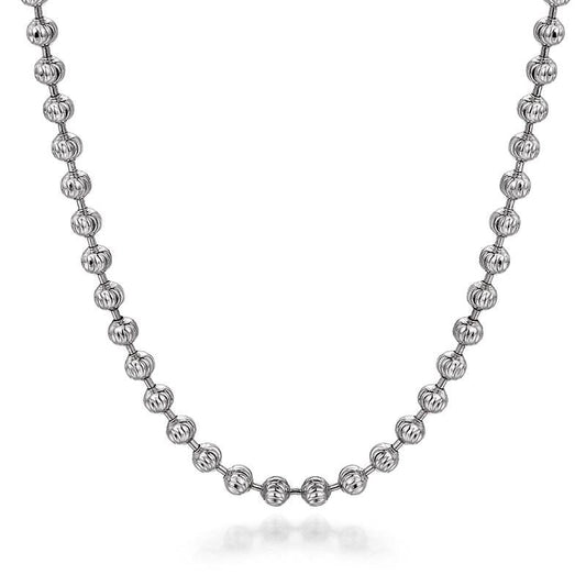 Solid PT950 platinum diamond-cut bead chain necklace isolated on white