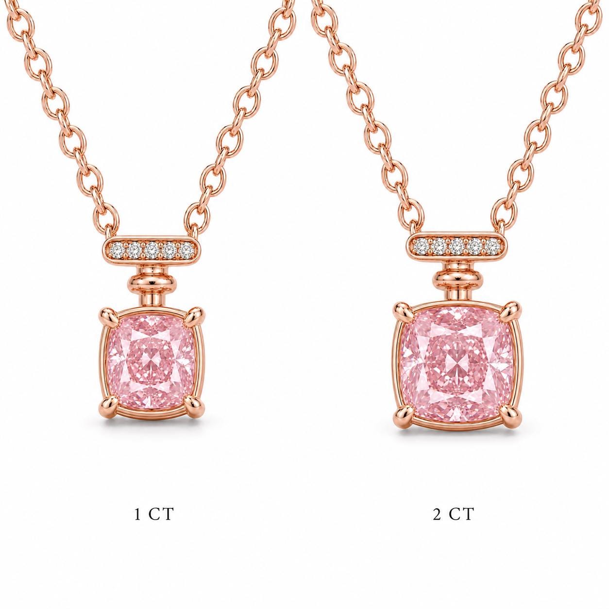 One-carat and two-carat pink lab-grown diamond pendant size comparison