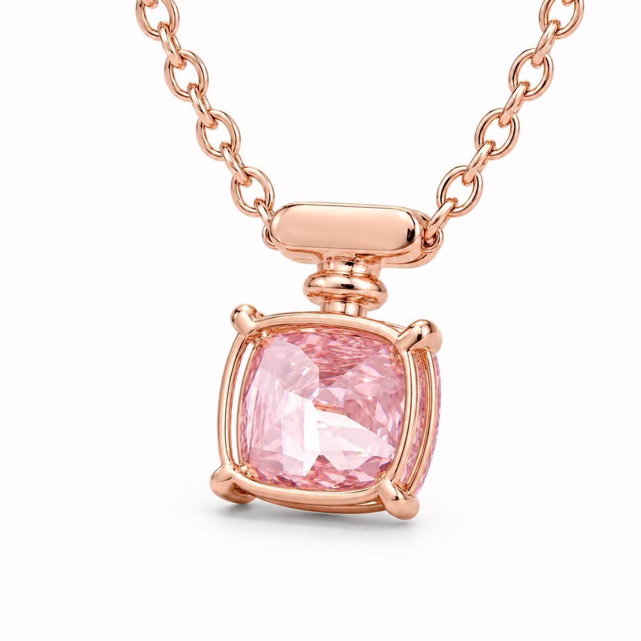 Reverse view of pink lab-grown diamond pendant and white diamond bar bail