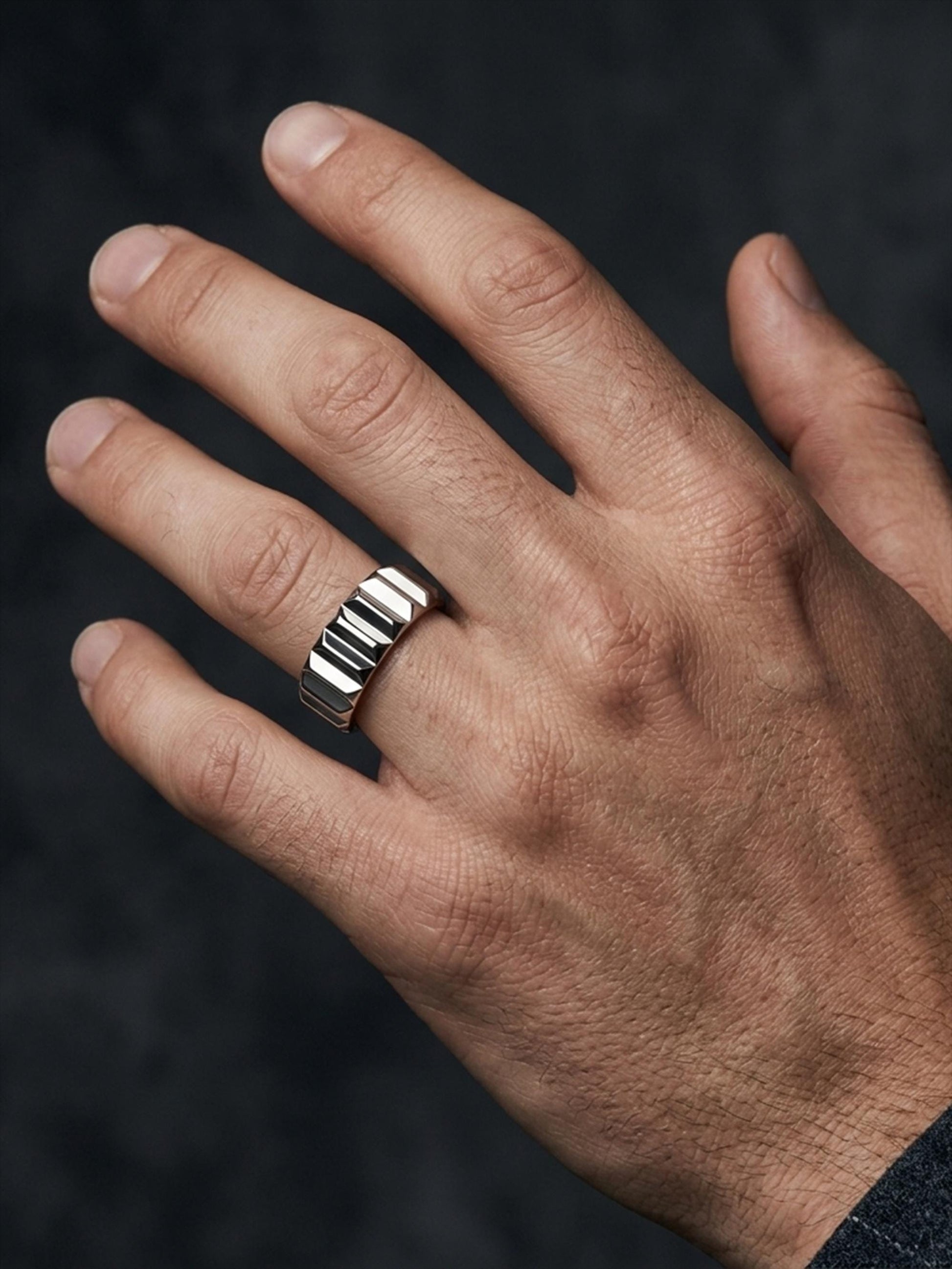 PT950 platinum architectural wedding band 6mm angled view