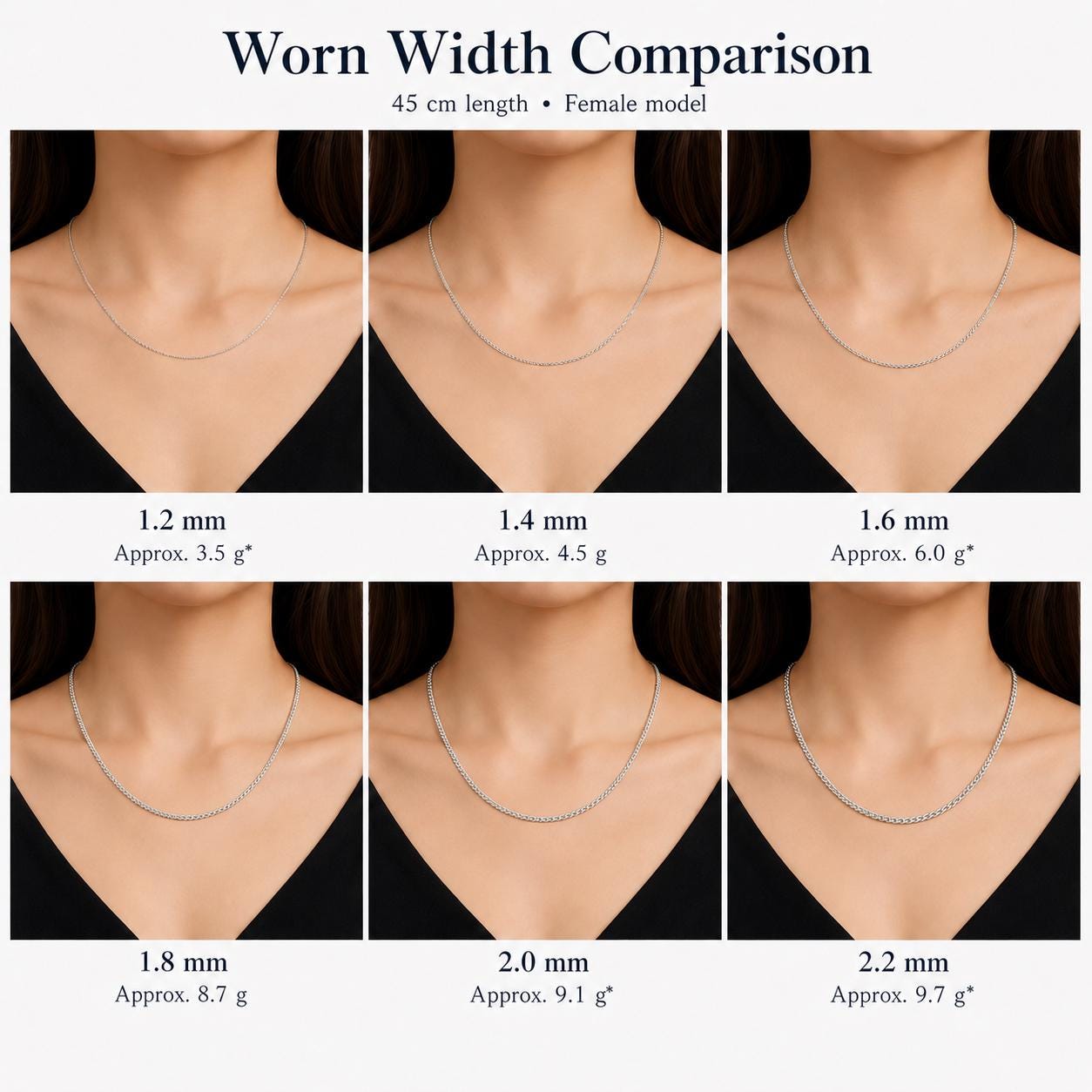 Worn comparison of platinum wheat chain widths and approximate weights