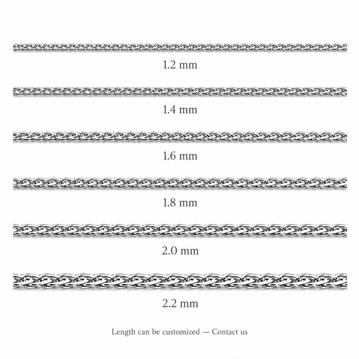 Platinum wheat chain width guide showing 1.2mm to 2.2mm profiles