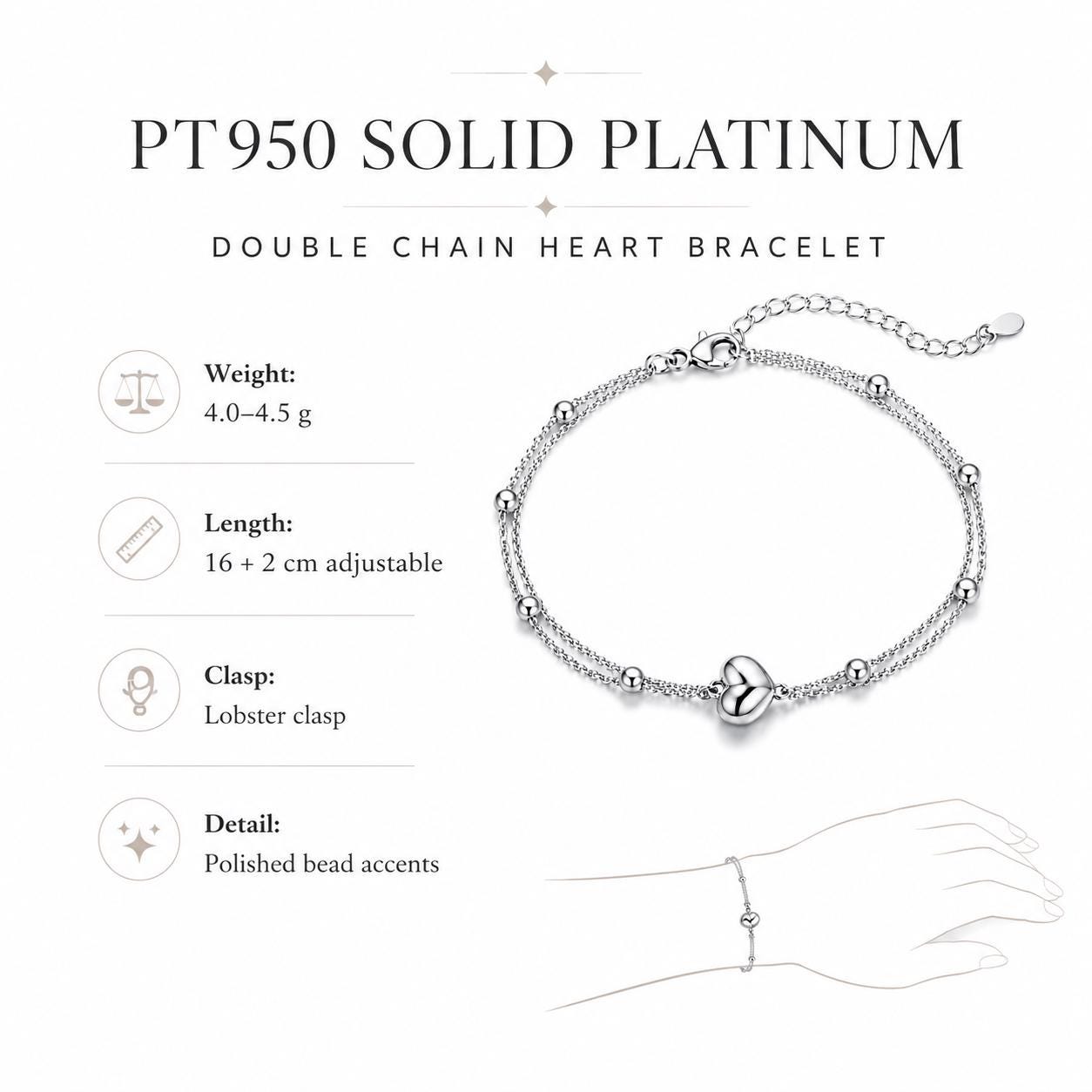PT950 heart bracelet length weight and clasp guide
