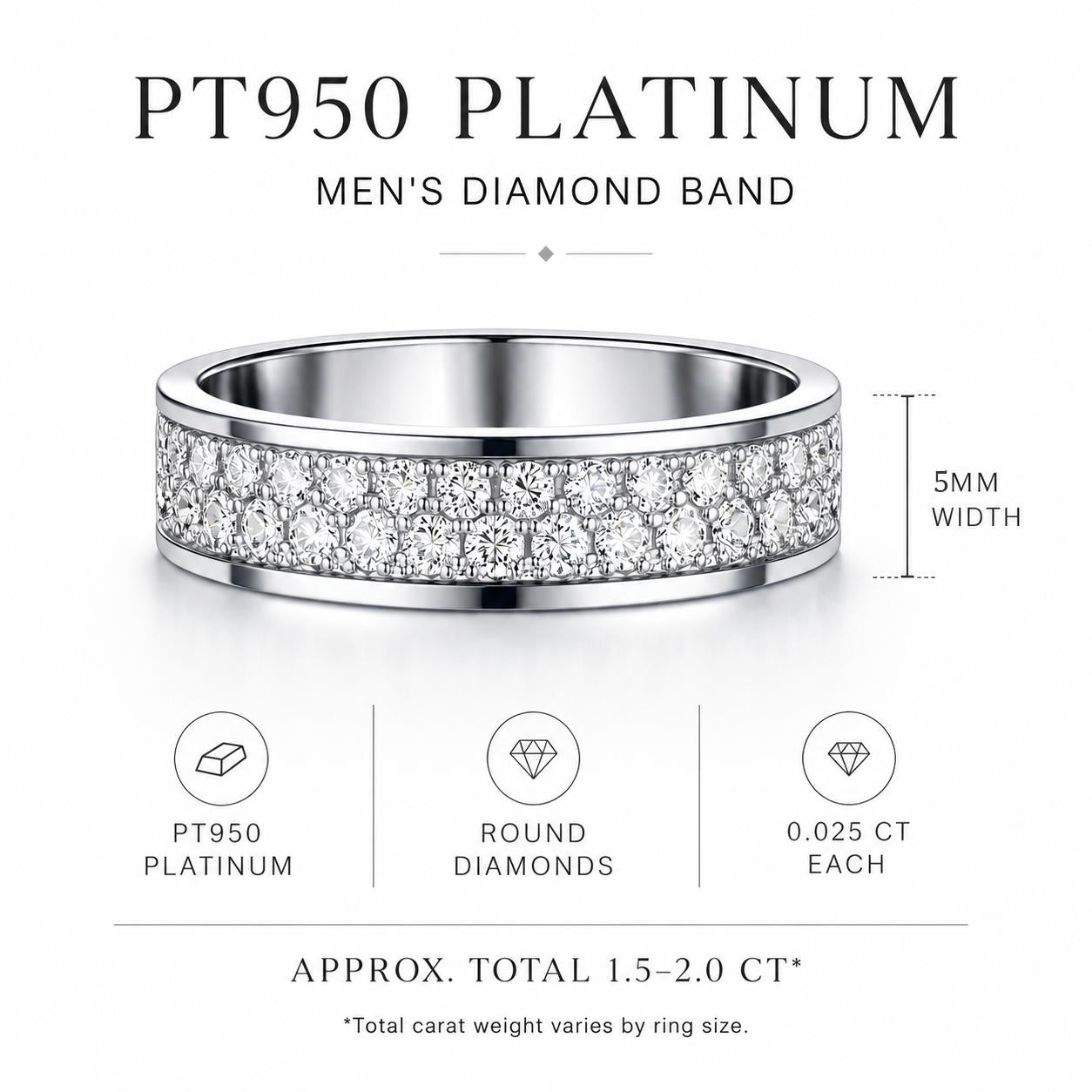 PT950 platinum full pave lab diamond wedding band 5mm diamond specification
